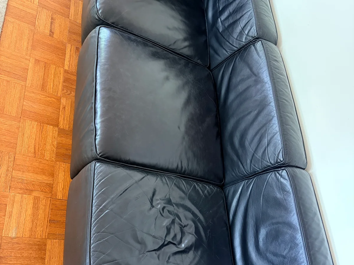 Black leather sofa before pet damage repair — full sofa overview showing general condition