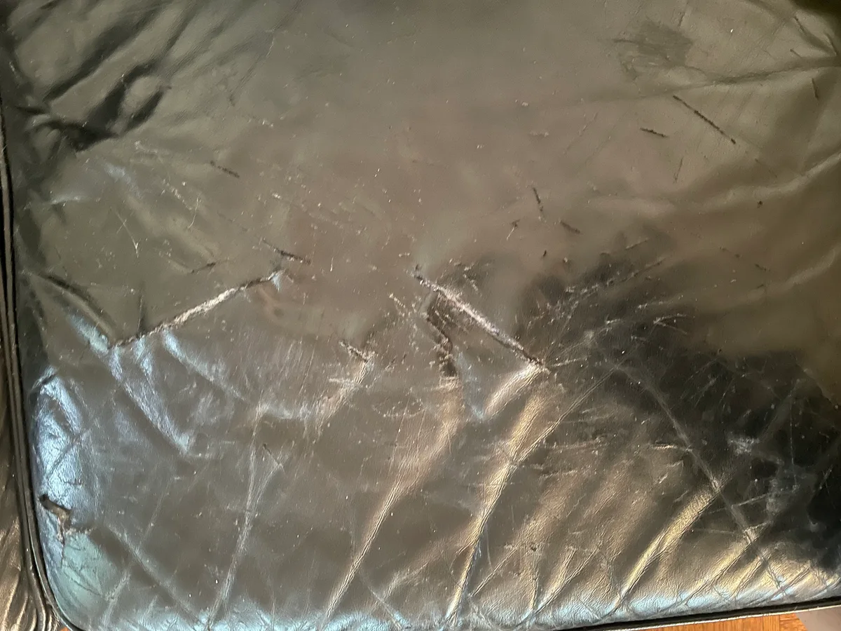 Black leather sofa seat cushion panel 2 — severe cat scratch damage, leather torn through