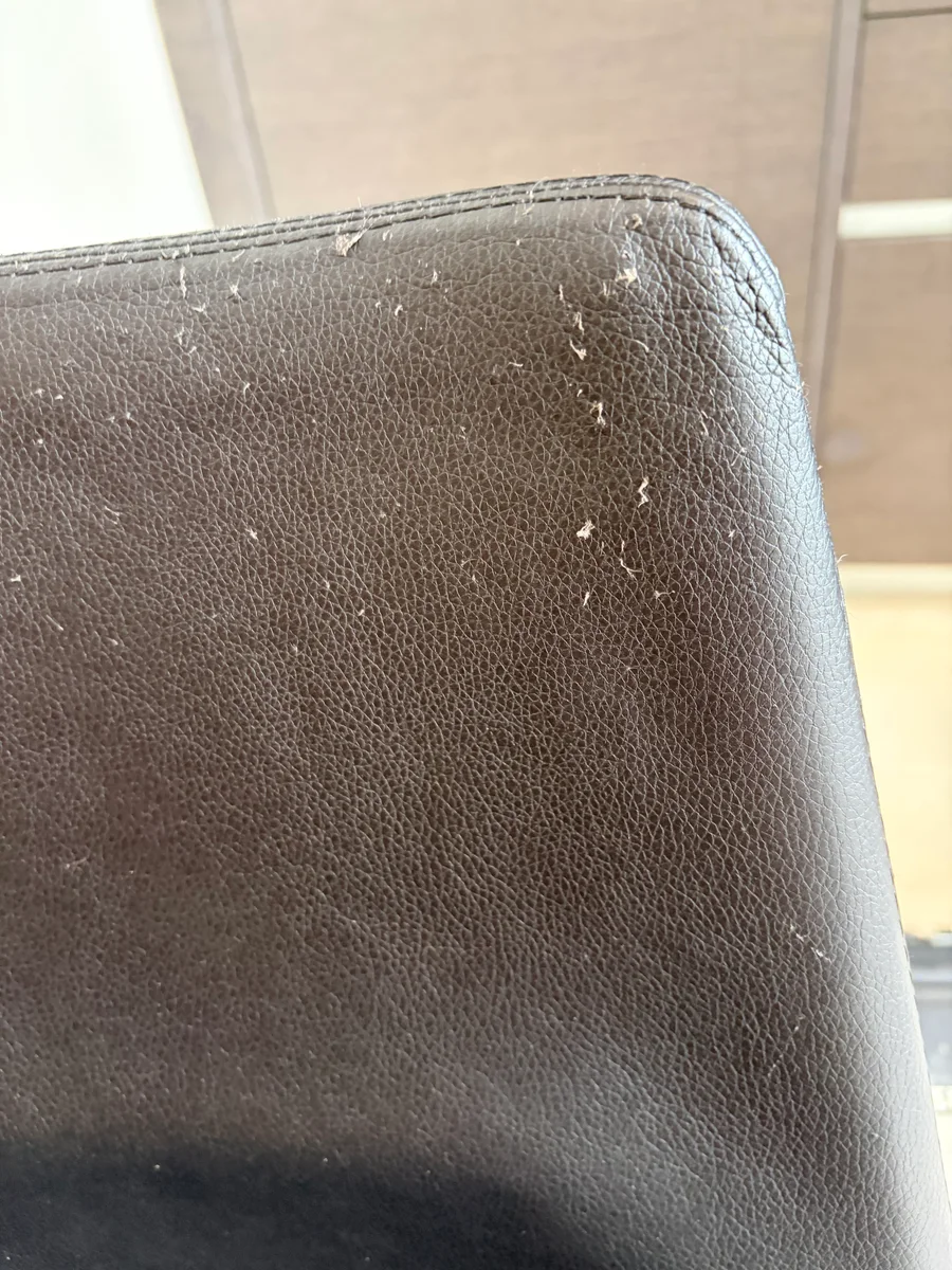 Cat-scratched black leather chair back with visible lifted fibers before restoration