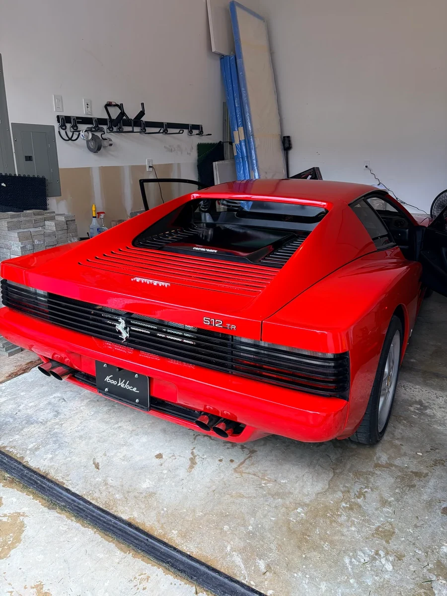 1992 Ferrari 512 TR in Rosso Corsa — exterior rear view before interior leather restoration by Leather & Vinyl Care NYC