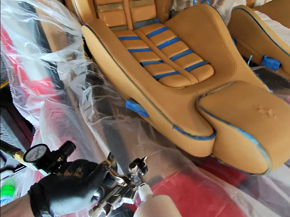 Airbrush application of Ferrari Cuoio color to F430 Spider seat with Daytona inserts masked