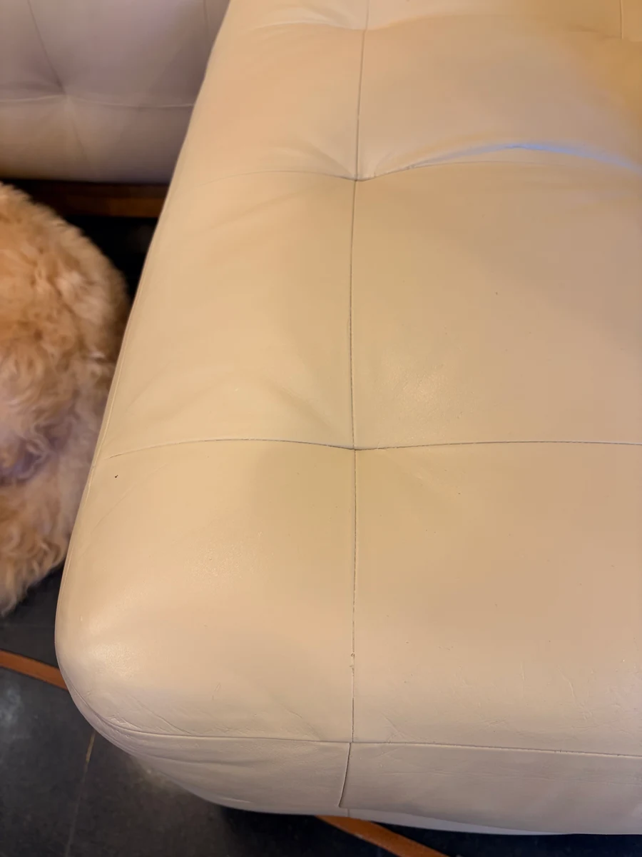 Detail of restored leather banquette seat cushion — uniform cream color and smooth surface after full leather restoration