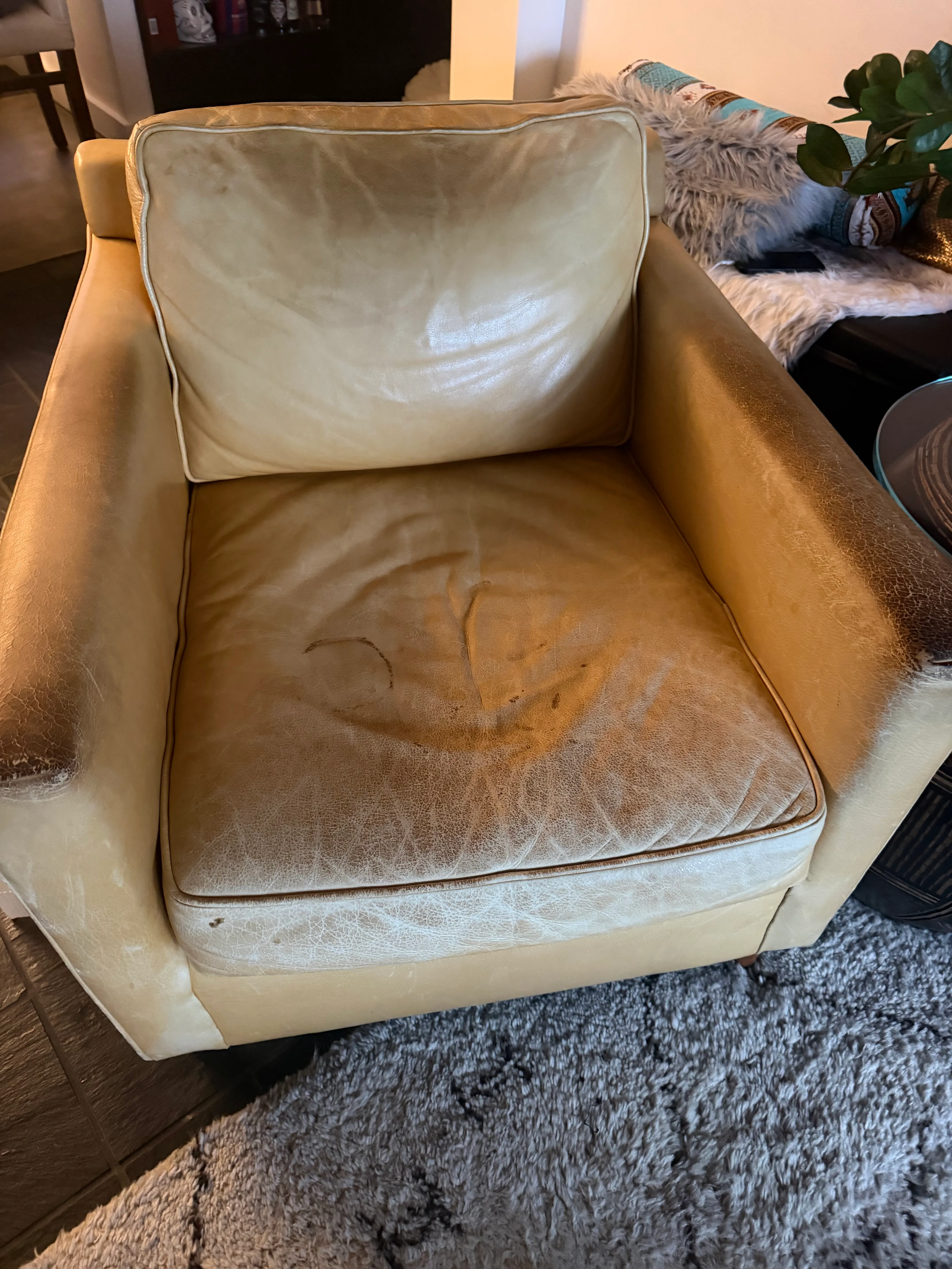Mitchell Gold + Bob Williams Hunter leather chair before restoration — seat cushion UV-bleached to near-white, stain visible, overall color loss