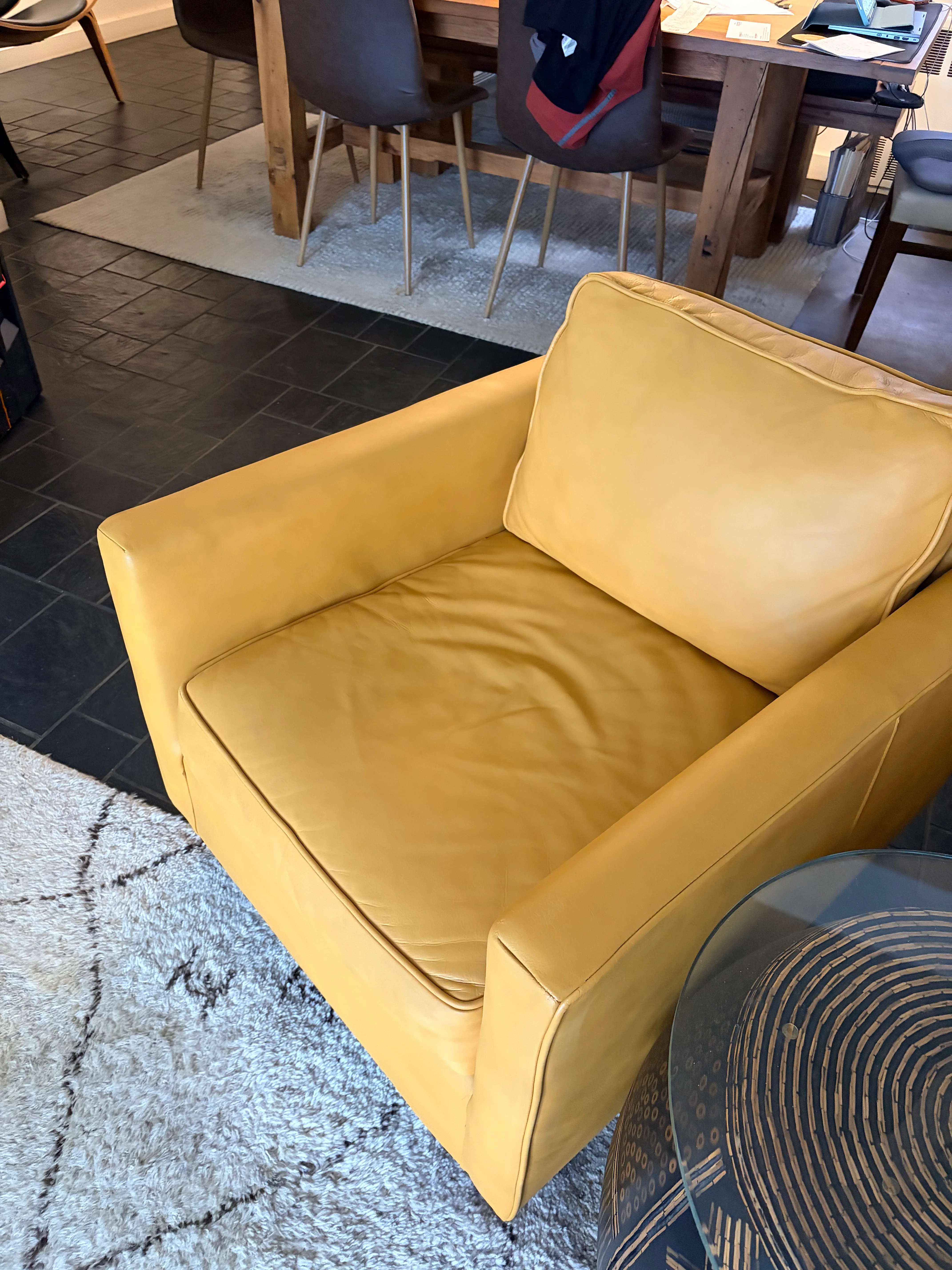 Mitchell Gold + Bob Williams Hunter leather chair in Saffron after restoration — complete view showing consistent warm golden color throughout