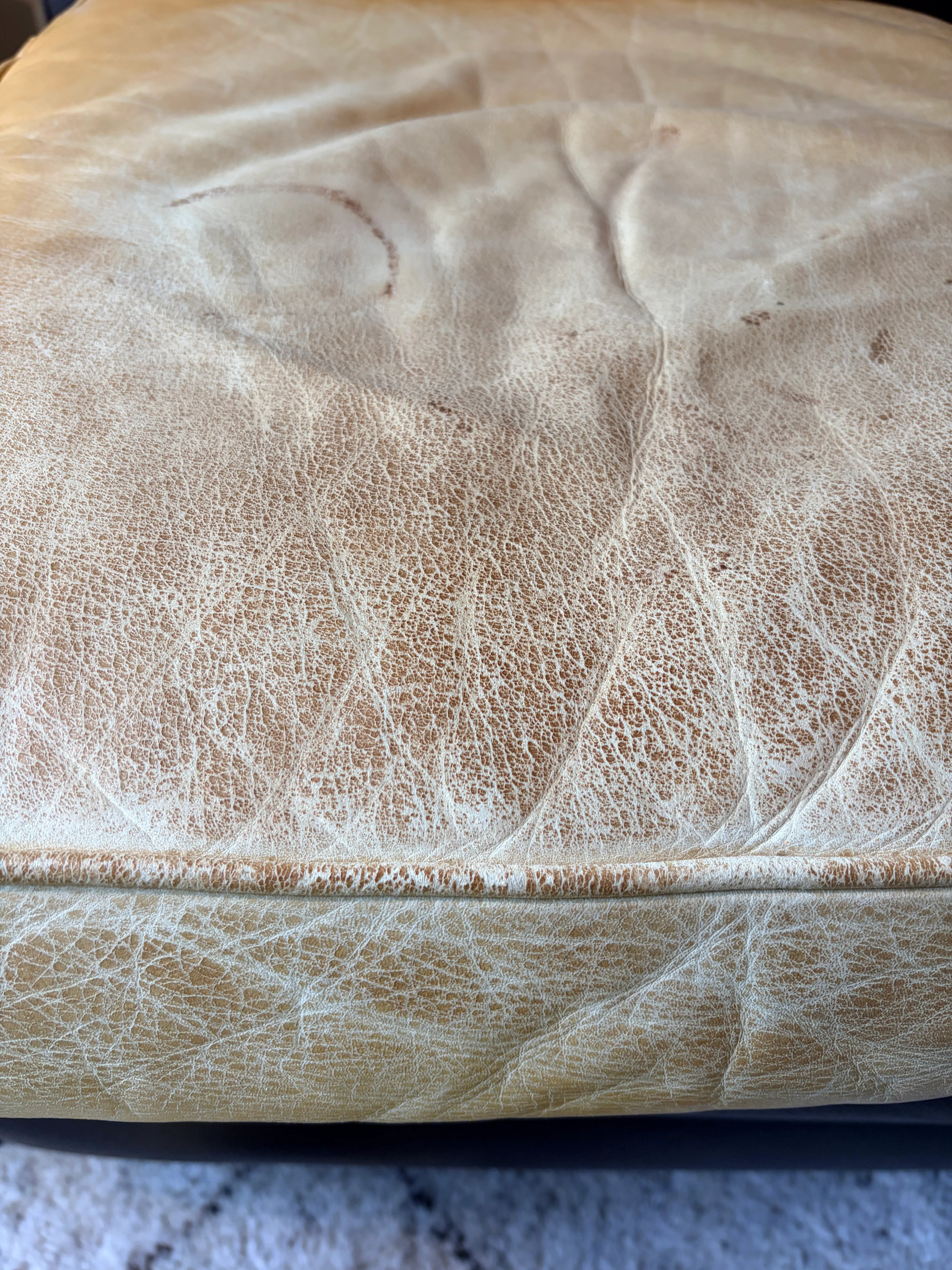 Mitchell Gold Hunter leather chair close-up of seat area before restoration — extensive surface crazing with leather bleached to near-white from UV exposure