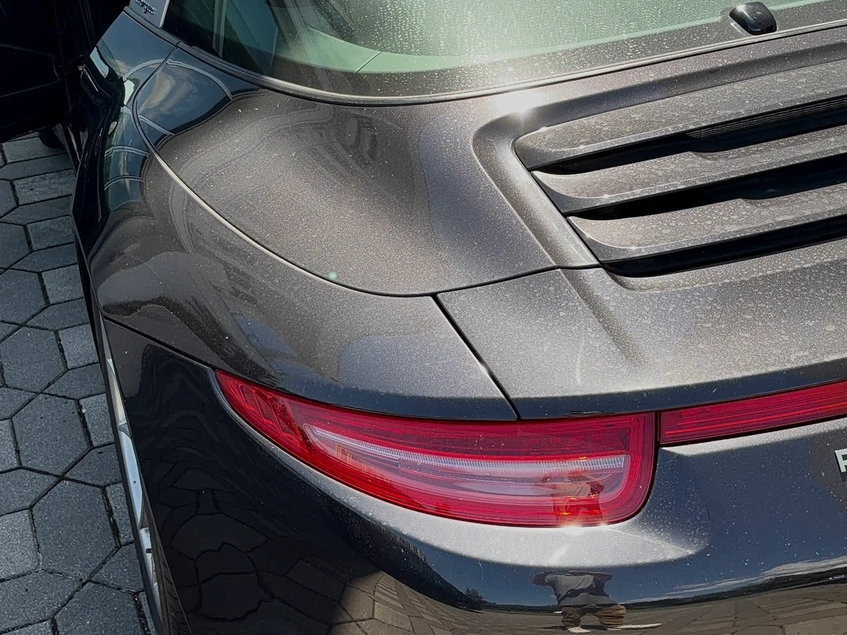 2014 Porsche 911 Targa 4 in Agate Grey — rear exterior before both front leather seats restored on-site in New Jersey by Leather & Vinyl Care