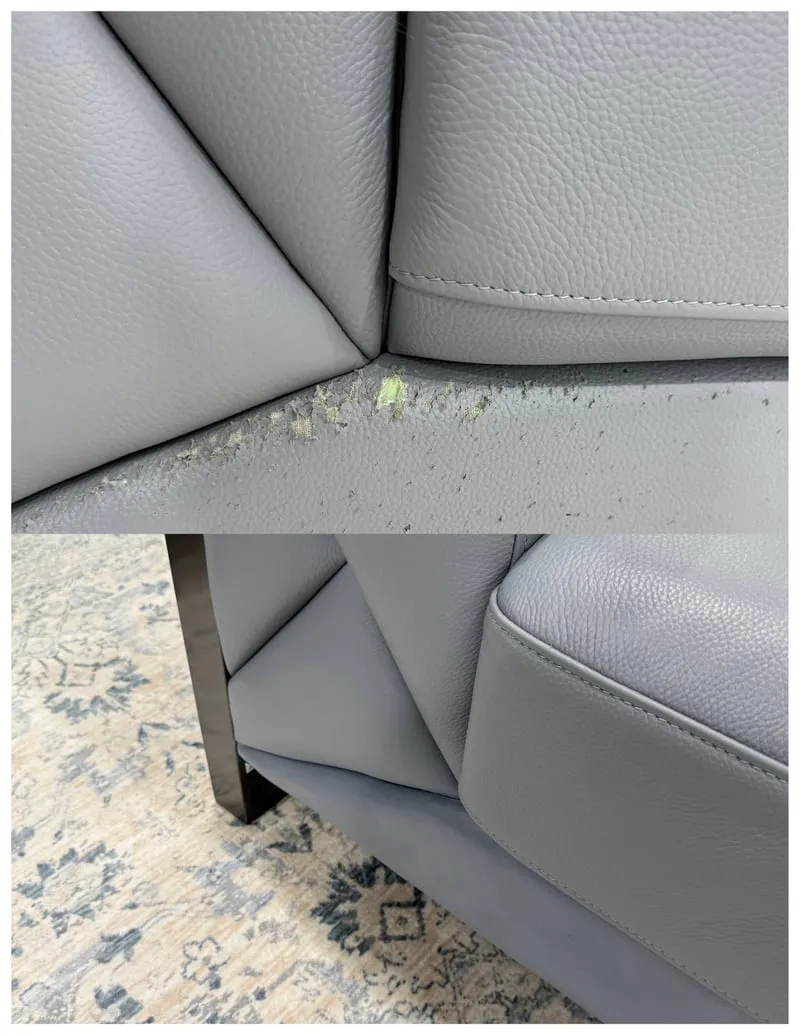 Grey leather couch scratch repair restored by Leather and Vinyl Care Brooklyn